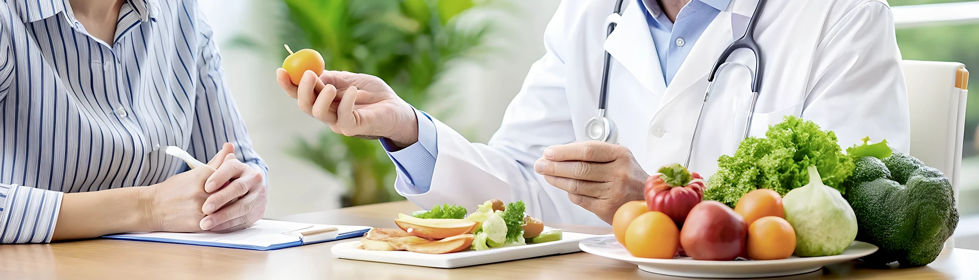 Arzt berät Patientin zum Theme gesunde Ernährung.